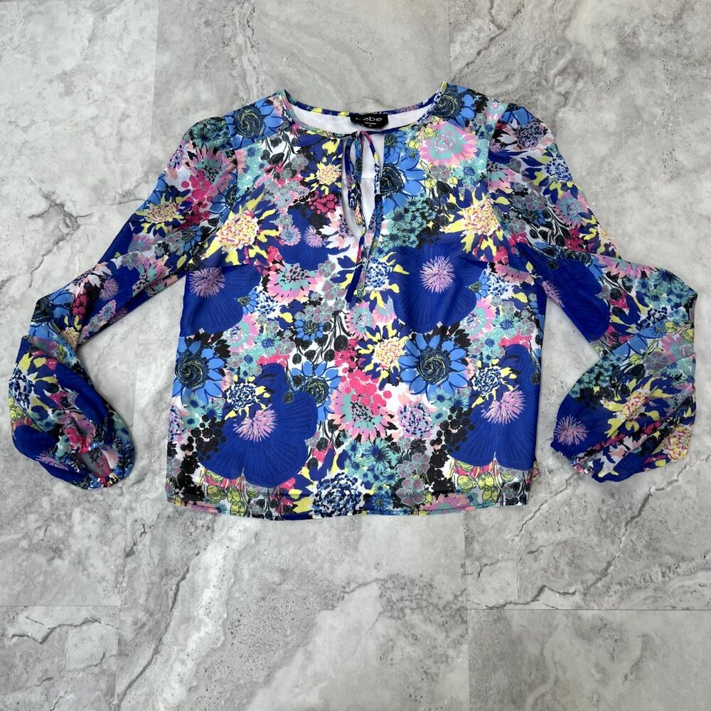 bebe Blouse Size‎ XSmall XS Floral Chiffon Sheer Tie Neck Top Long Sleeve